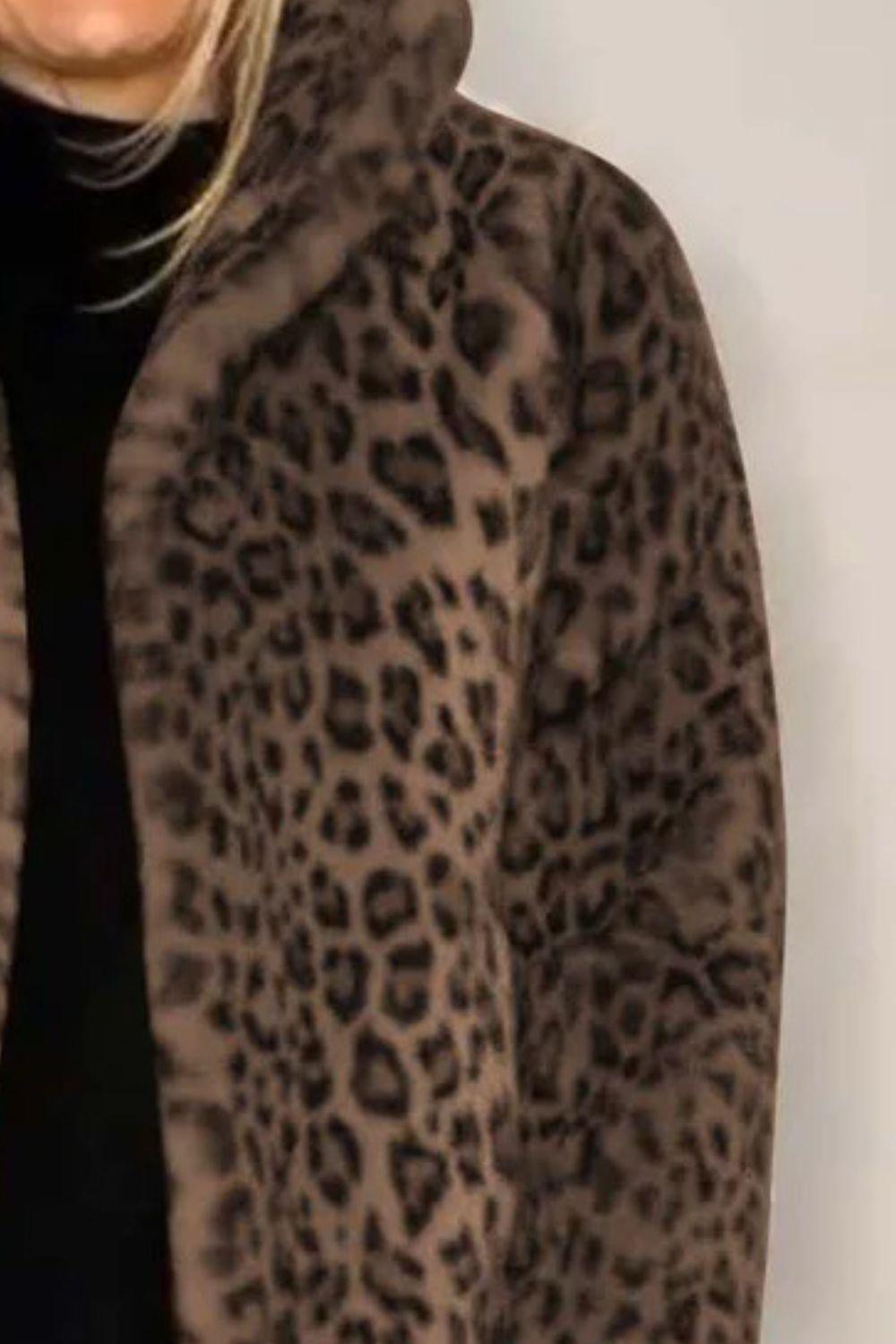 Full Size Leopard Furry Collared Neck Long Sleeve Coat - Clothes For Her Online Store