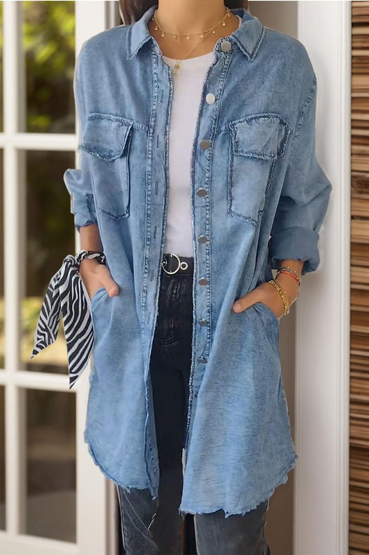 Full Size Pocketed Button Up Long Sleeve Denim Jacket - Clothes For Her Online Store