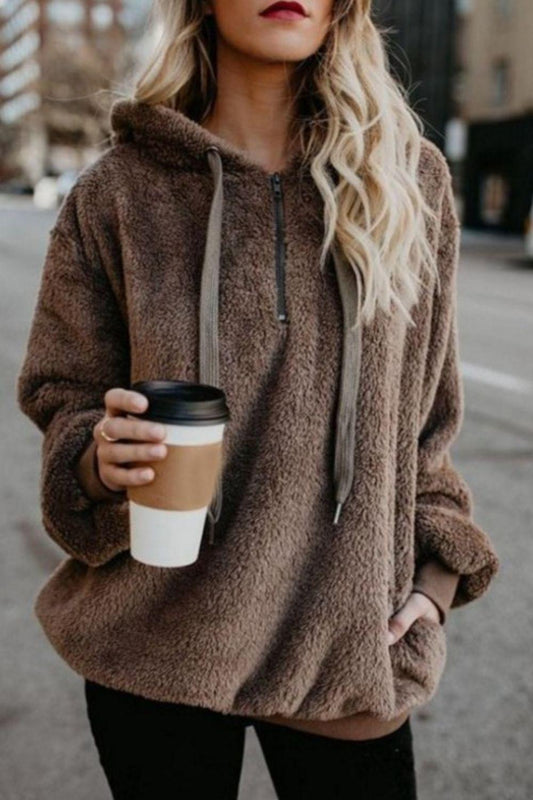 Full Size Quarter-Zip Drawstring Teddy Hoodie - Clothes For Her Online Store