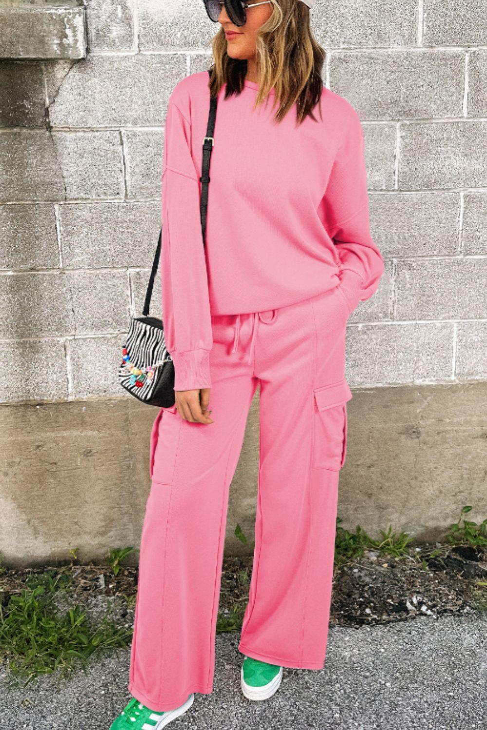 Full Size Round Neck Long Sleeve Top and Drawstring Pants Set - Clothes For Her Online Store