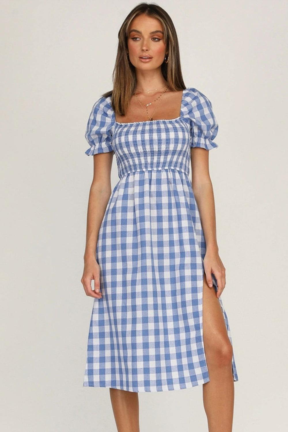 Full Size Slit Plaid Short Sleeve Midi Dress