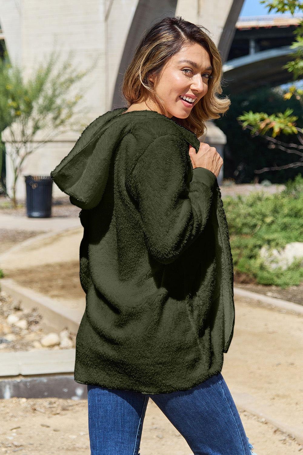 Full Size Teddy Hooded Jacket with Pockets - Clothes For Her Online Store