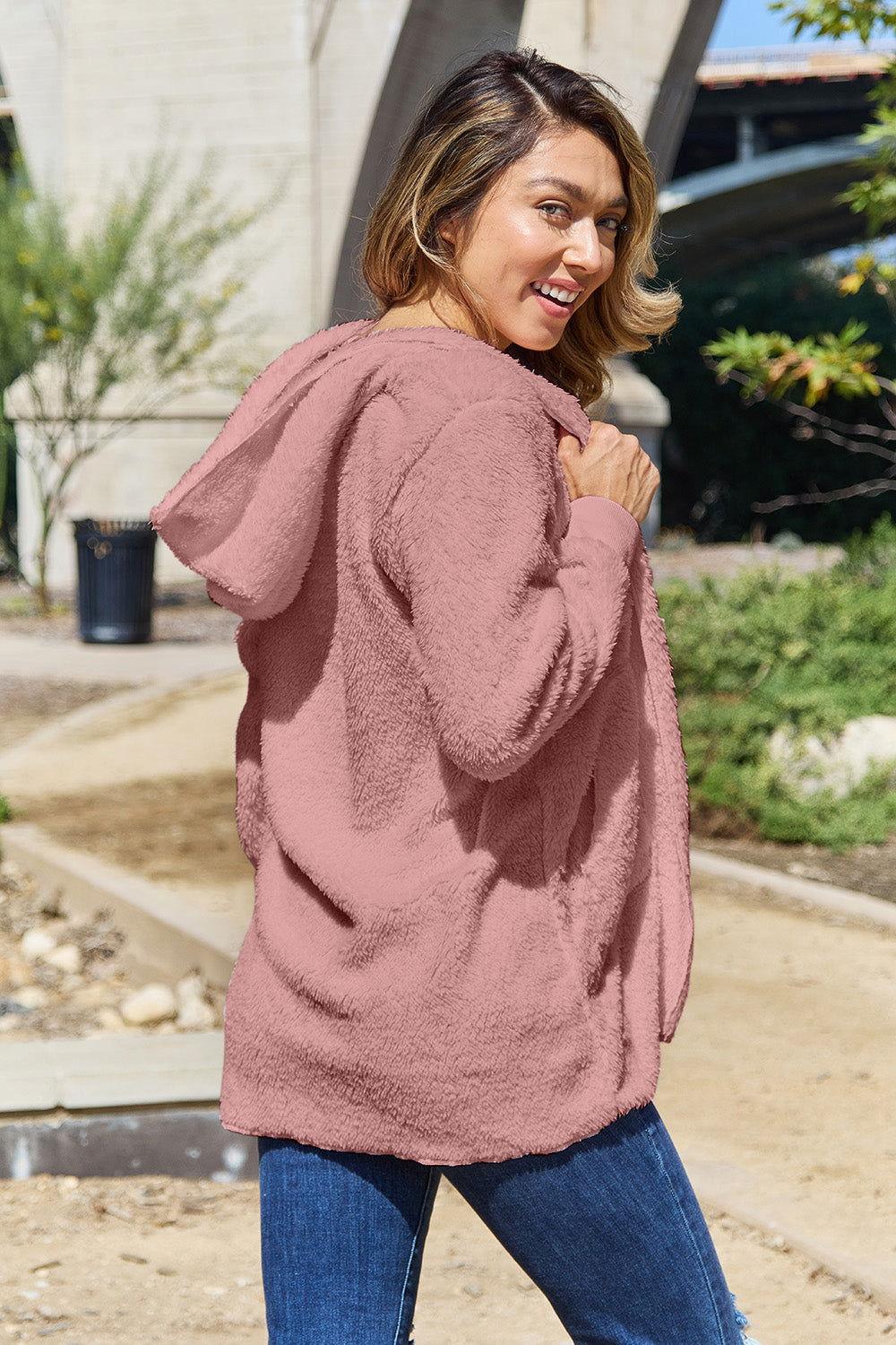 Full Size Teddy Hooded Jacket with Pockets - Clothes For Her Online Store
