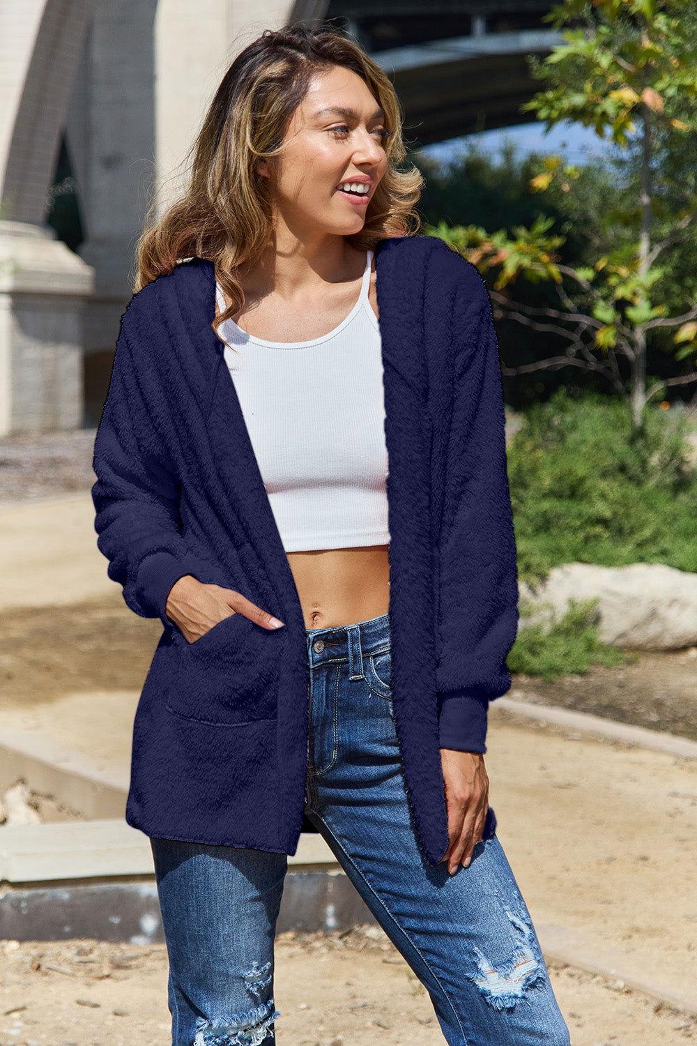 Full Size Teddy Hooded Jacket with Pockets - Clothes For Her Online Store
