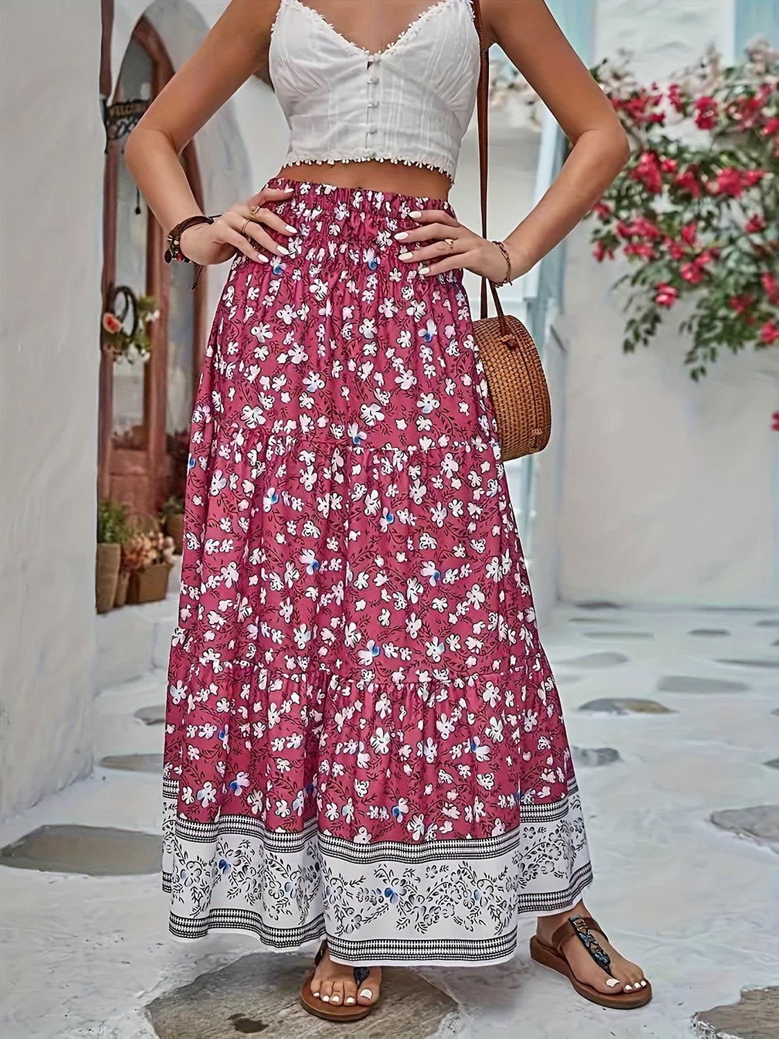 Full Size Tiered Printed Elastic Waist Skirt - Clothes For Her Online Store
