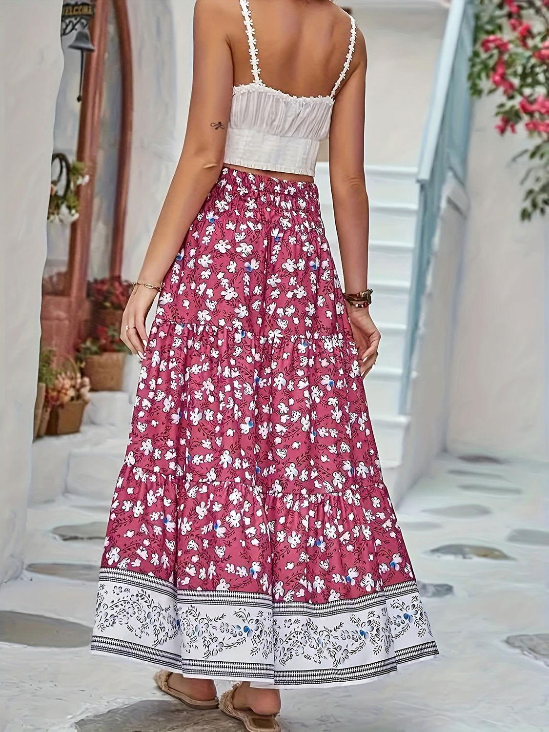 Full Size Tiered Printed Elastic Waist Skirt - Clothes For Her Online Store