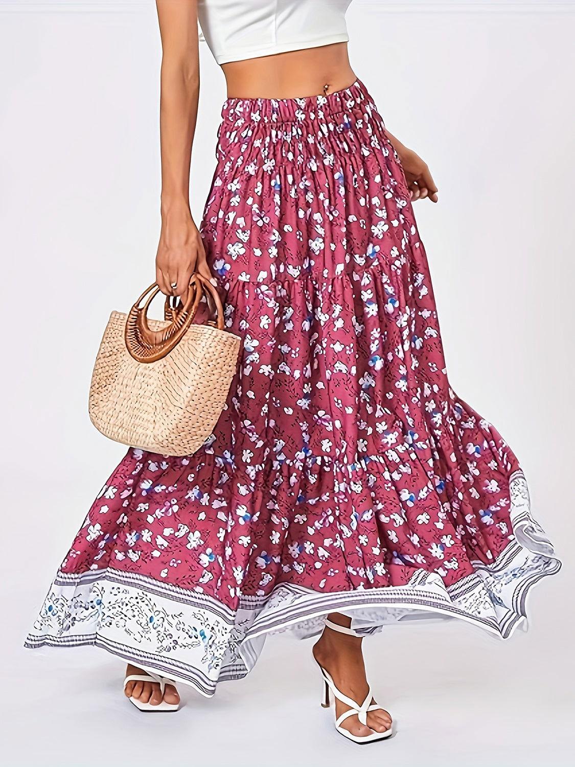 Full Size Tiered Printed Elastic Waist Skirt - Clothes For Her Online Store