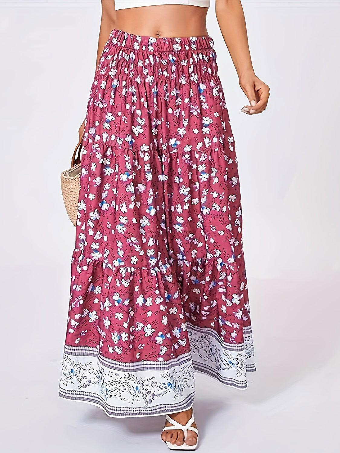 Full Size Tiered Printed Elastic Waist Skirt - Clothes For Her Online Store