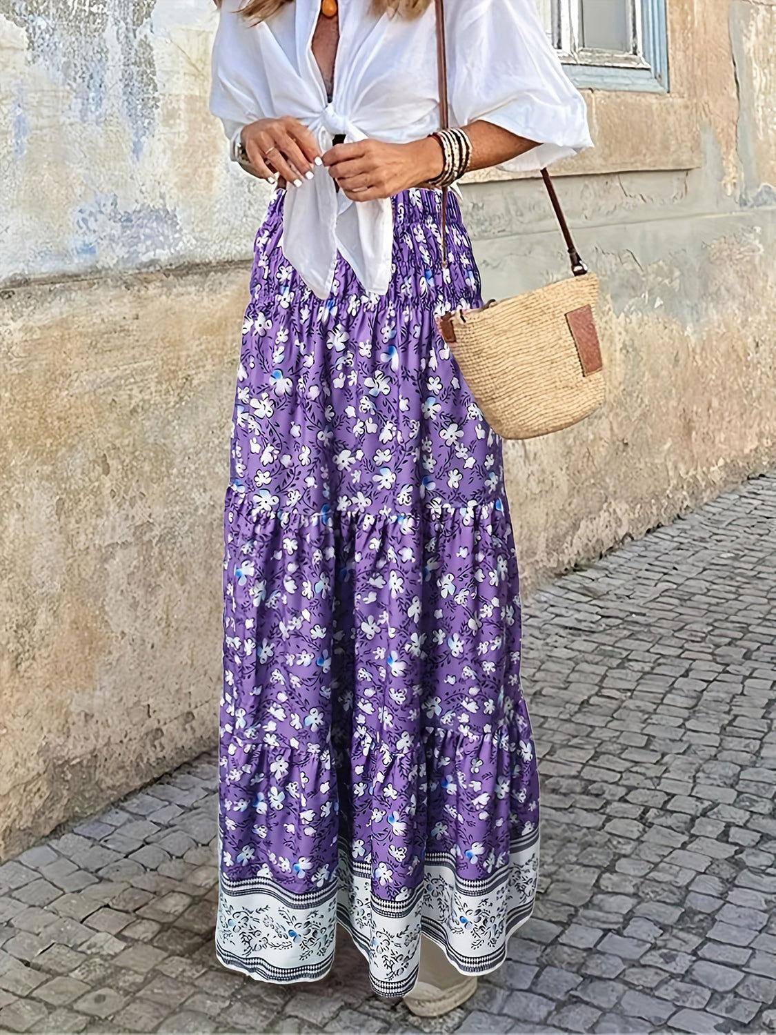 Full Size Tiered Printed Elastic Waist Skirt - Clothes For Her Online Store