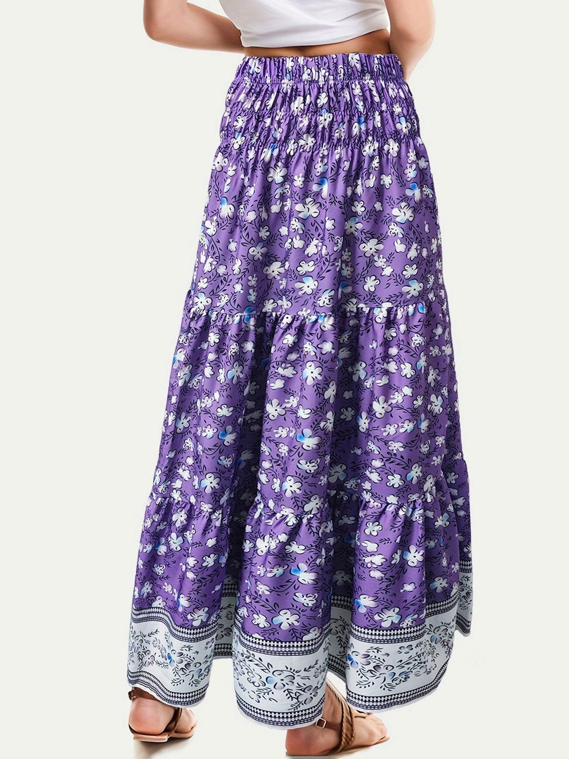 Full Size Tiered Printed Elastic Waist Skirt - Clothes For Her Online Store