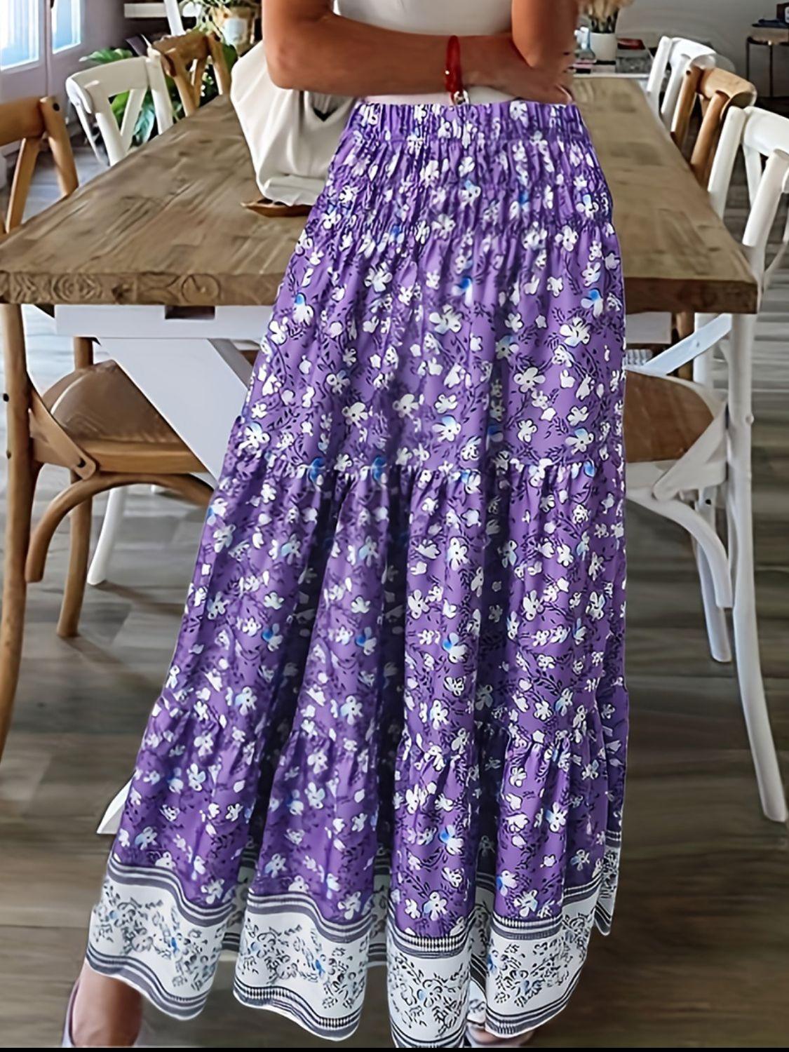 Full Size Tiered Printed Elastic Waist Skirt - Clothes For Her Online Store