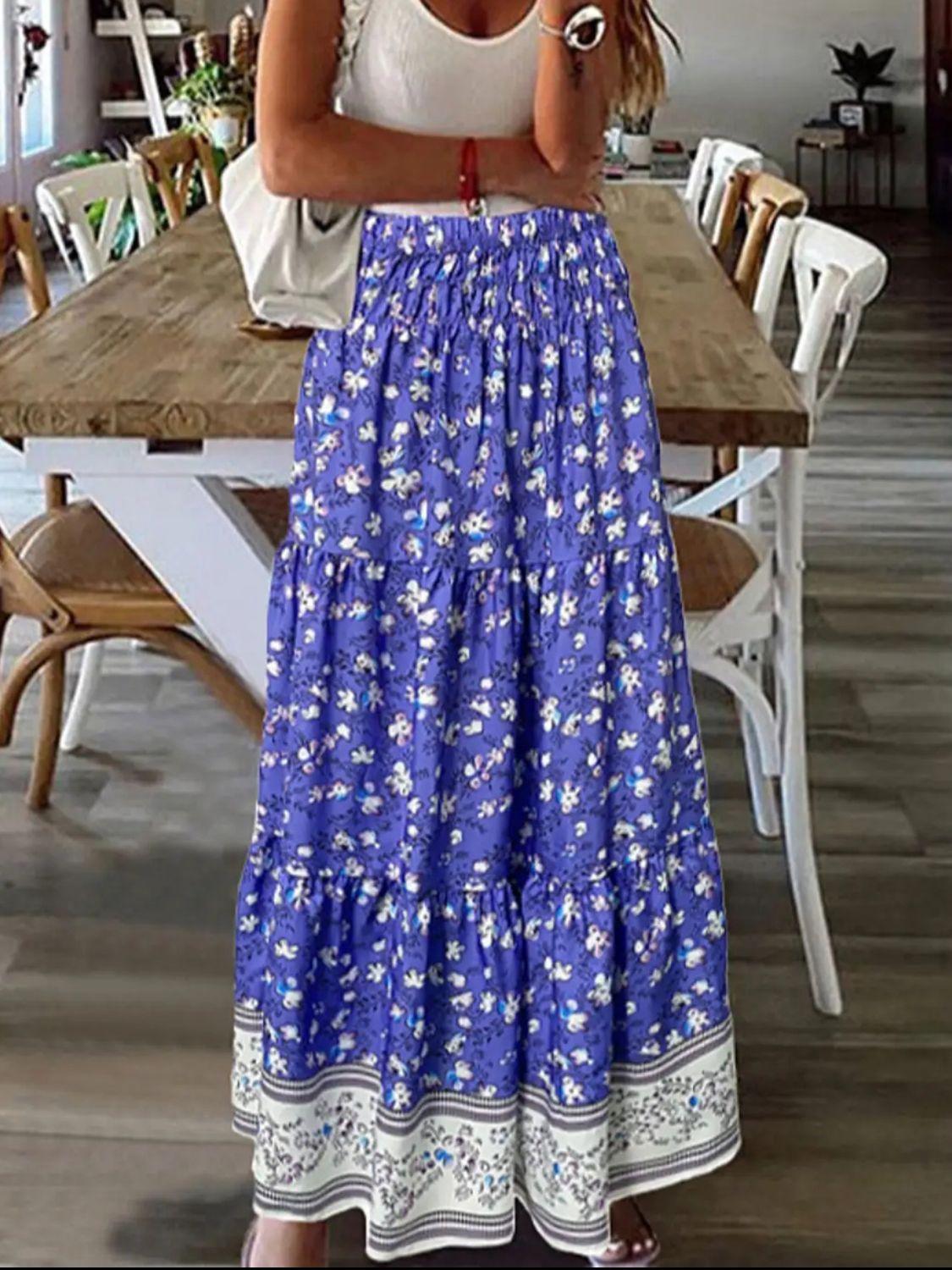 Full Size Tiered Printed Elastic Waist Skirt - Clothes For Her Online Store