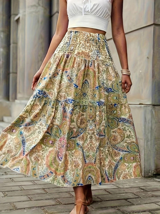 Full Size Tiered Smocked Printed High Waist Skirt - Clothes For Her Online Store