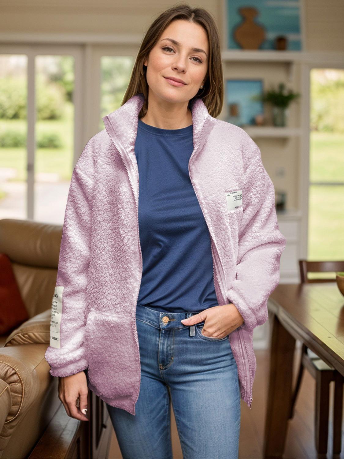 Full Size Turtleneck Zip Up Long Sleeve Sherpa Jacket - Clothes For Her Online Store