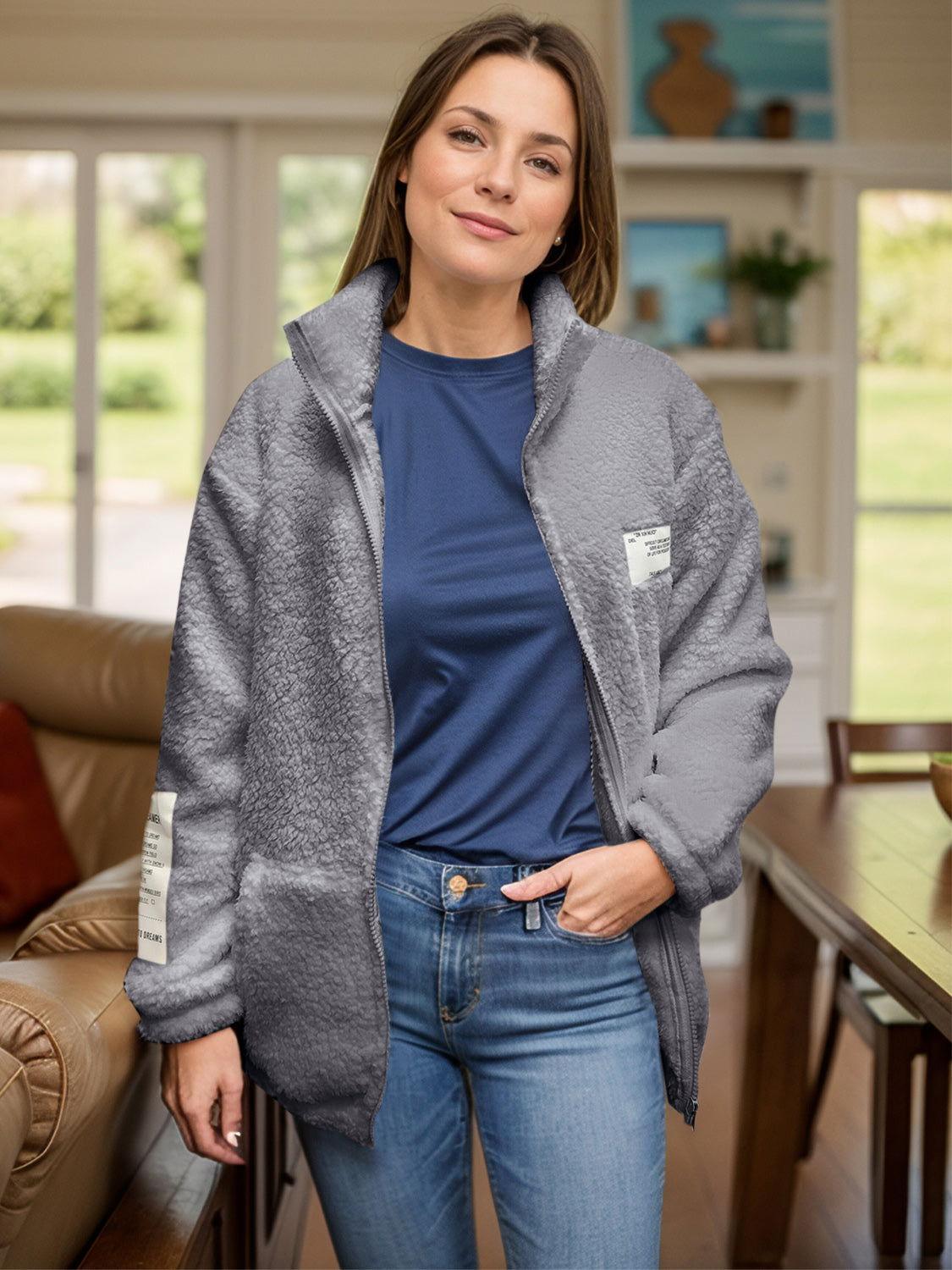 Full Size Turtleneck Zip Up Long Sleeve Sherpa Jacket - Clothes For Her Online Store