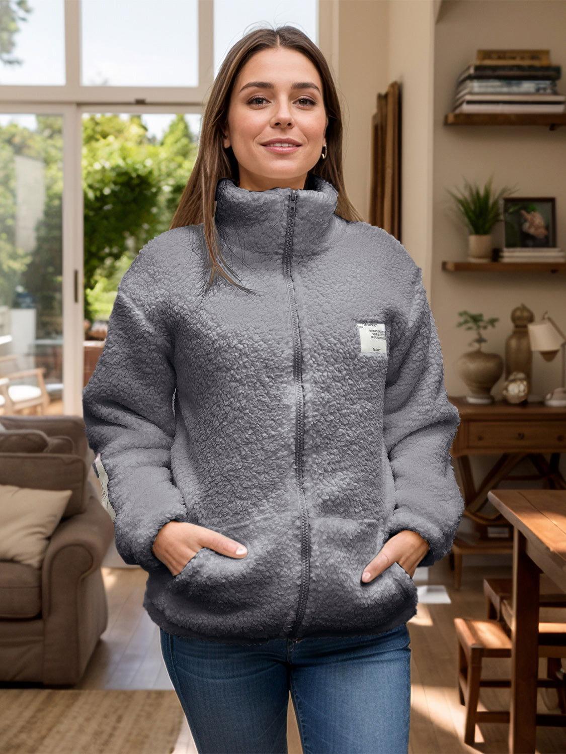 Full Size Turtleneck Zip Up Long Sleeve Sherpa Jacket - Clothes For Her Online Store