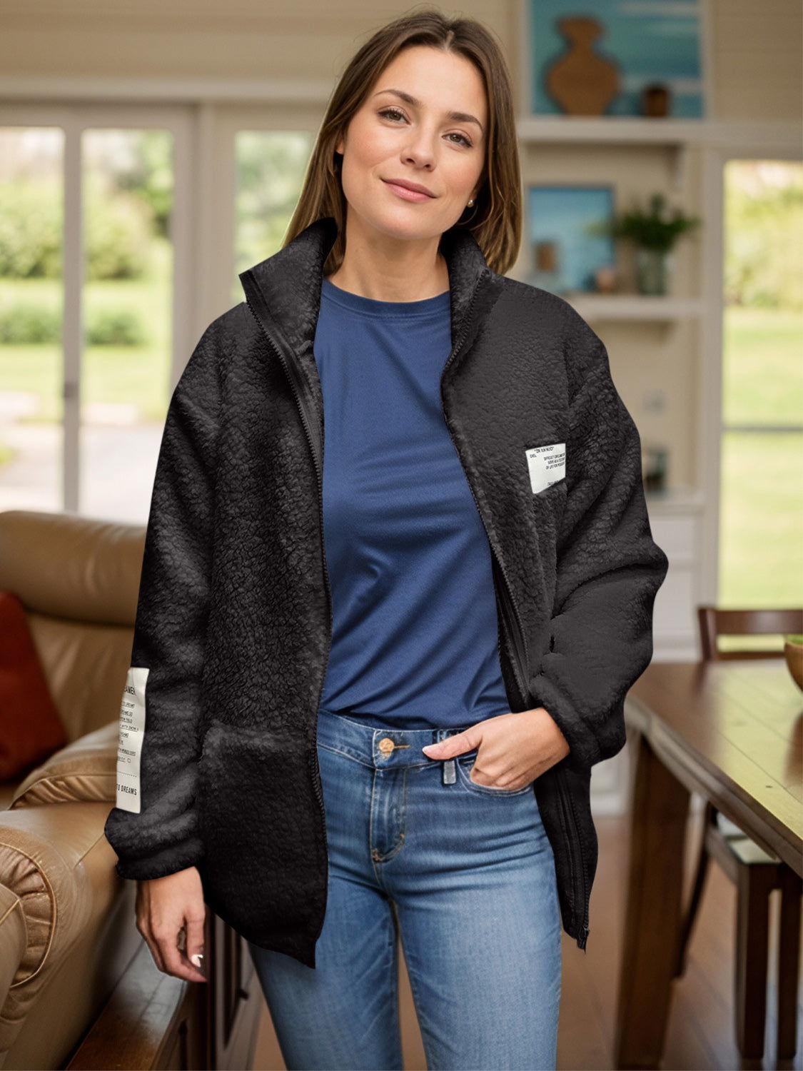 Full Size Turtleneck Zip Up Long Sleeve Sherpa Jacket - Clothes For Her Online Store