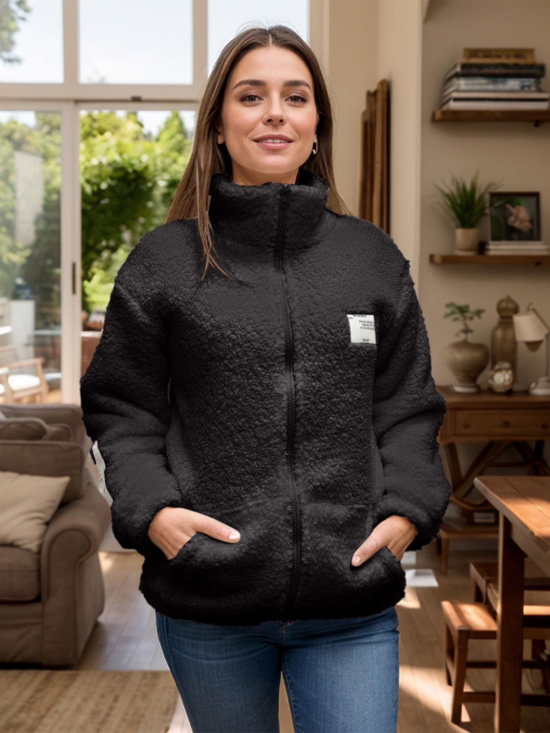 Full Size Turtleneck Zip Up Long Sleeve Sherpa Jacket - Clothes For Her Online Store