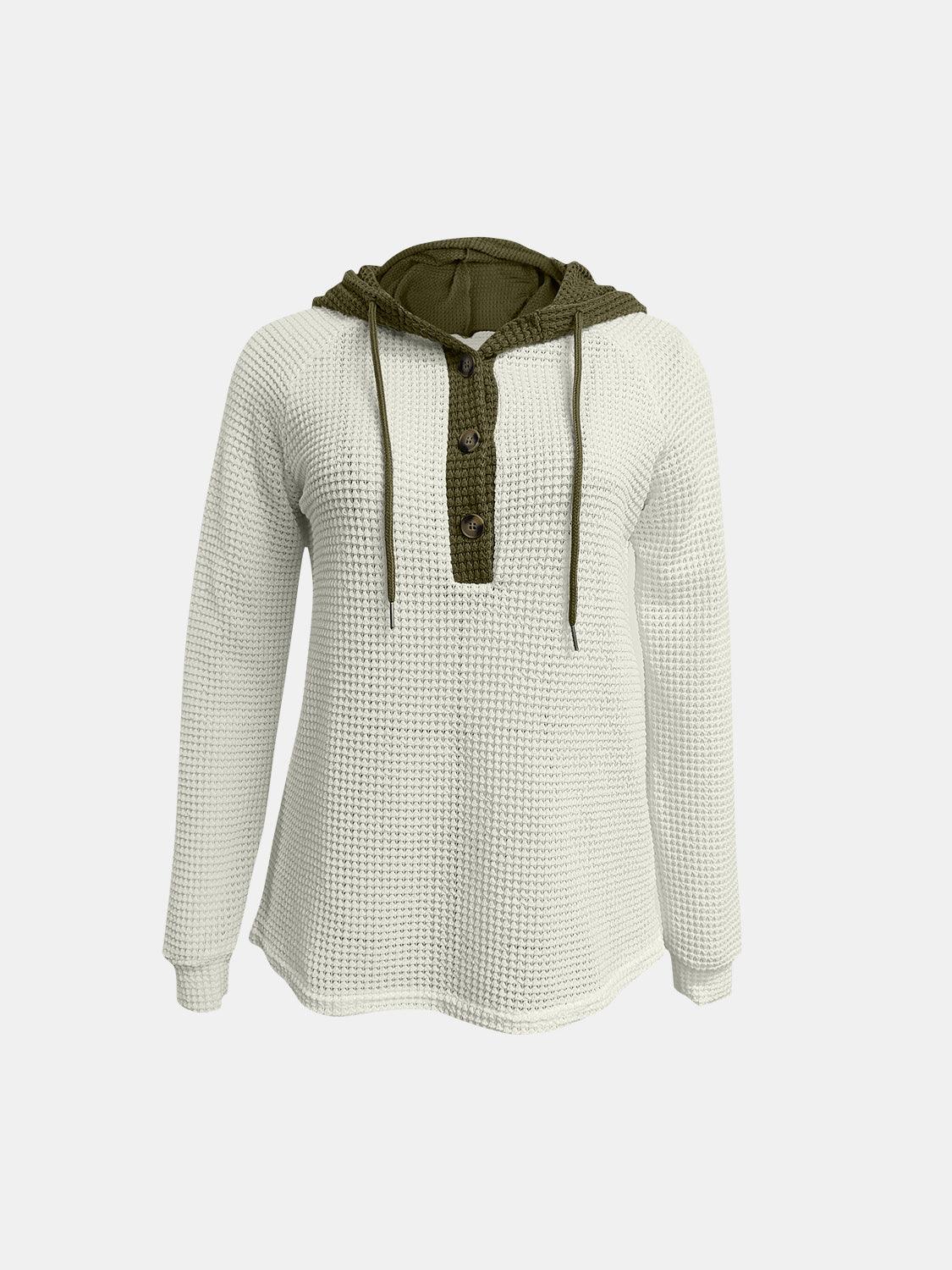 Full Size Waffle-Knit Contrast Long Sleeve Hoodie - Clothes For Her Online Store