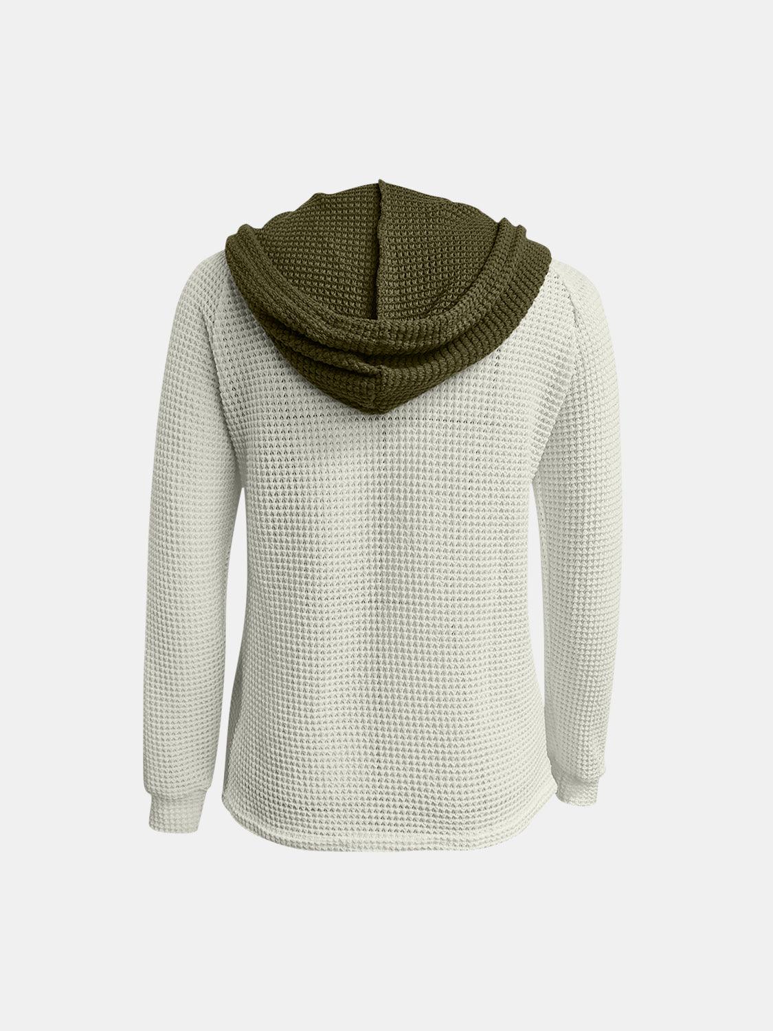 Full Size Waffle-Knit Contrast Long Sleeve Hoodie - Clothes For Her Online Store