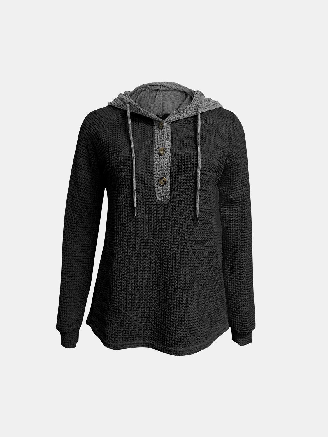 Full Size Waffle-Knit Contrast Long Sleeve Hoodie - Clothes For Her Online Store