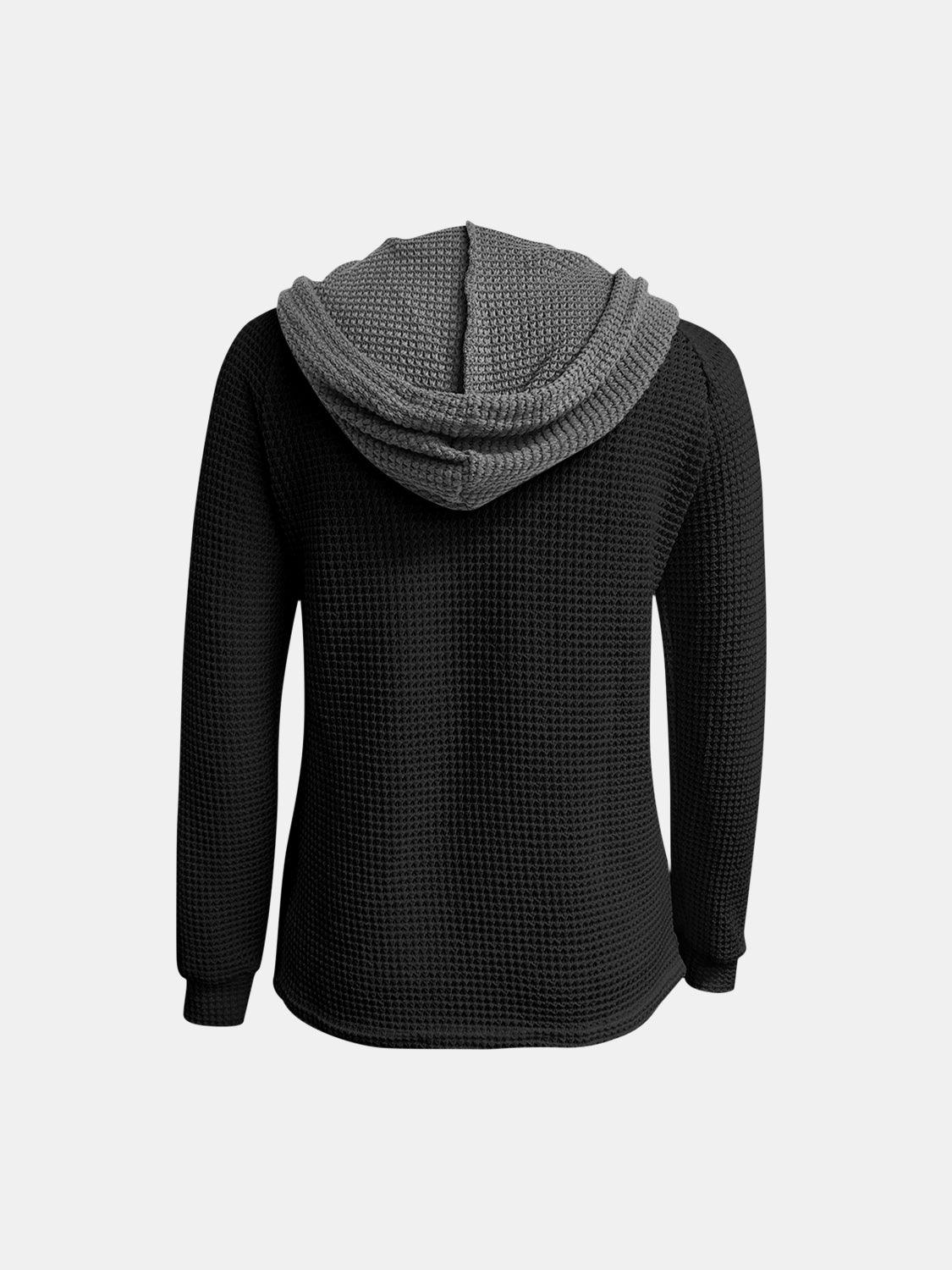 Full Size Waffle-Knit Contrast Long Sleeve Hoodie - Clothes For Her Online Store