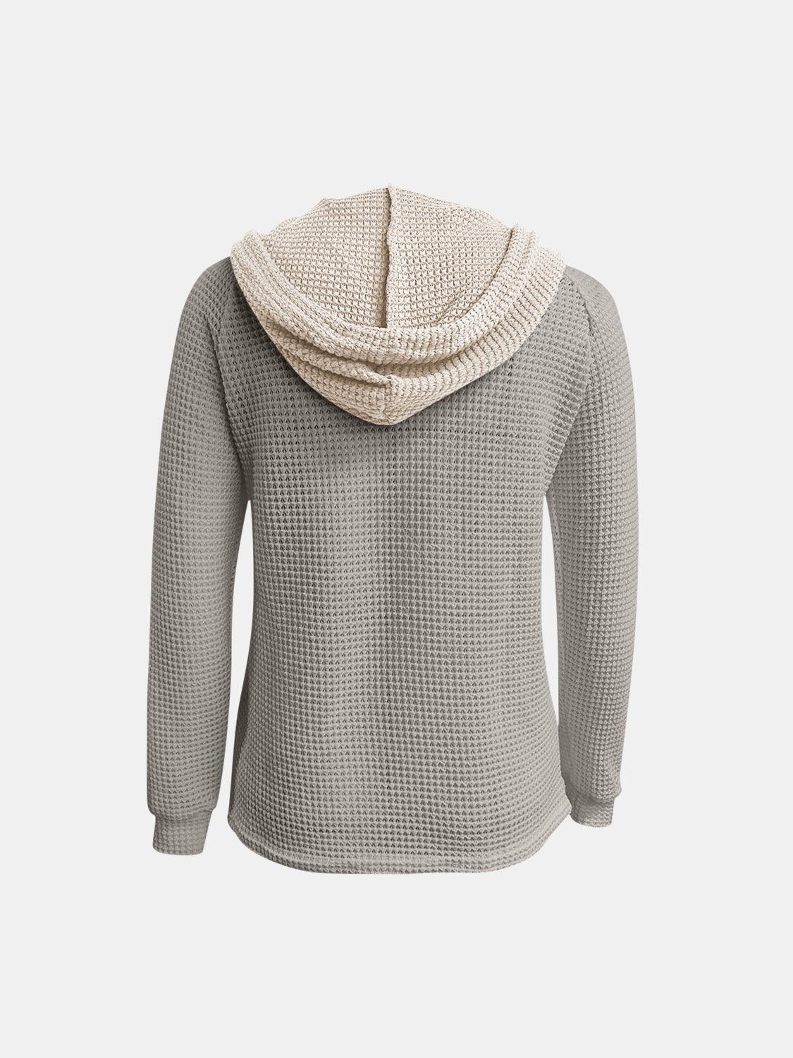 Full Size Waffle-Knit Contrast Long Sleeve Hoodie - Clothes For Her Online Store