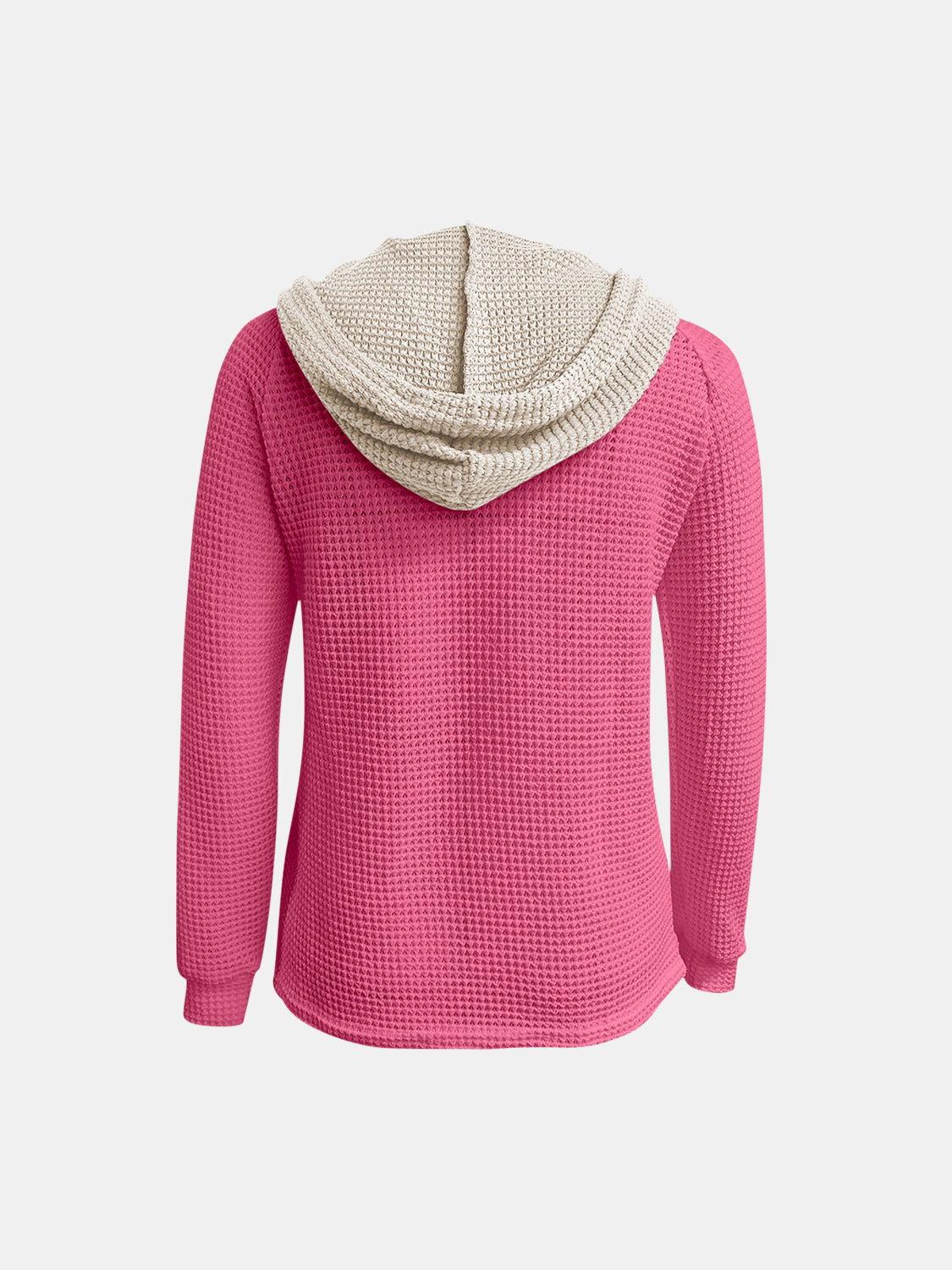 Full Size Waffle-Knit Contrast Long Sleeve Hoodie - Clothes For Her Online Store