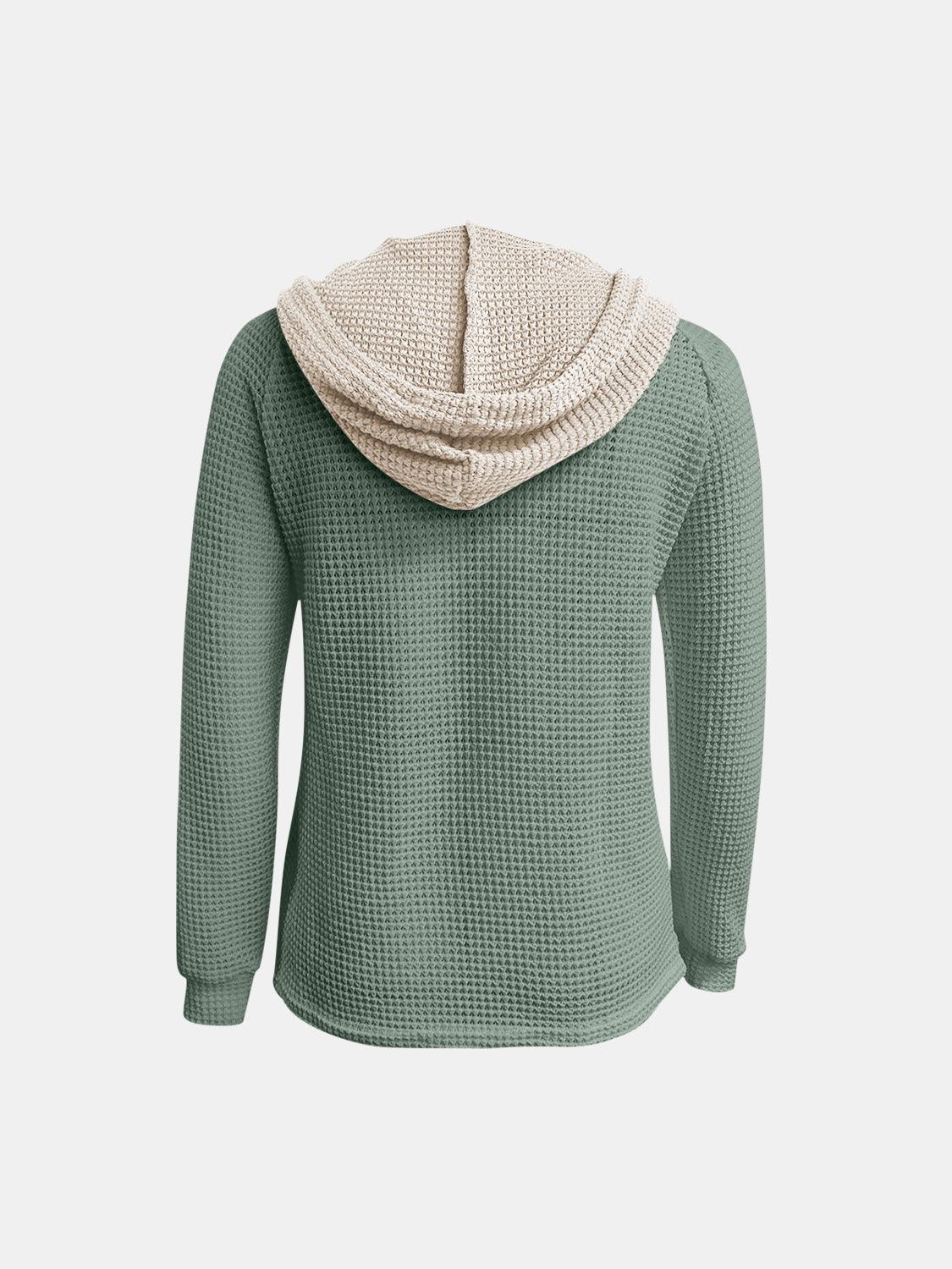 Full Size Waffle-Knit Contrast Long Sleeve Hoodie - Clothes For Her Online Store
