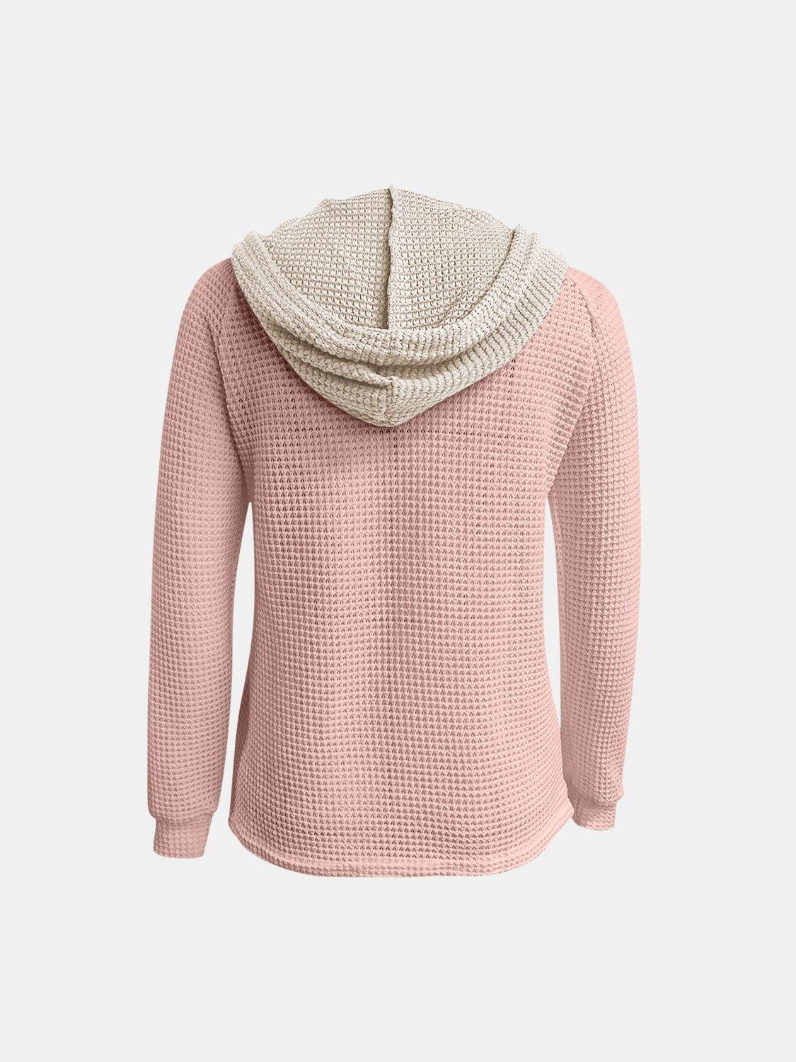 Full Size Waffle-Knit Contrast Long Sleeve Hoodie - Clothes For Her Online Store