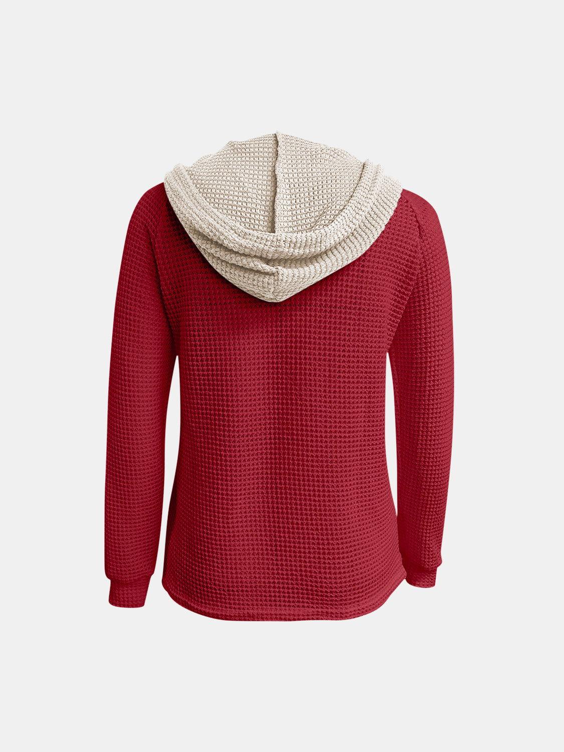 Full Size Waffle-Knit Contrast Long Sleeve Hoodie - Clothes For Her Online Store