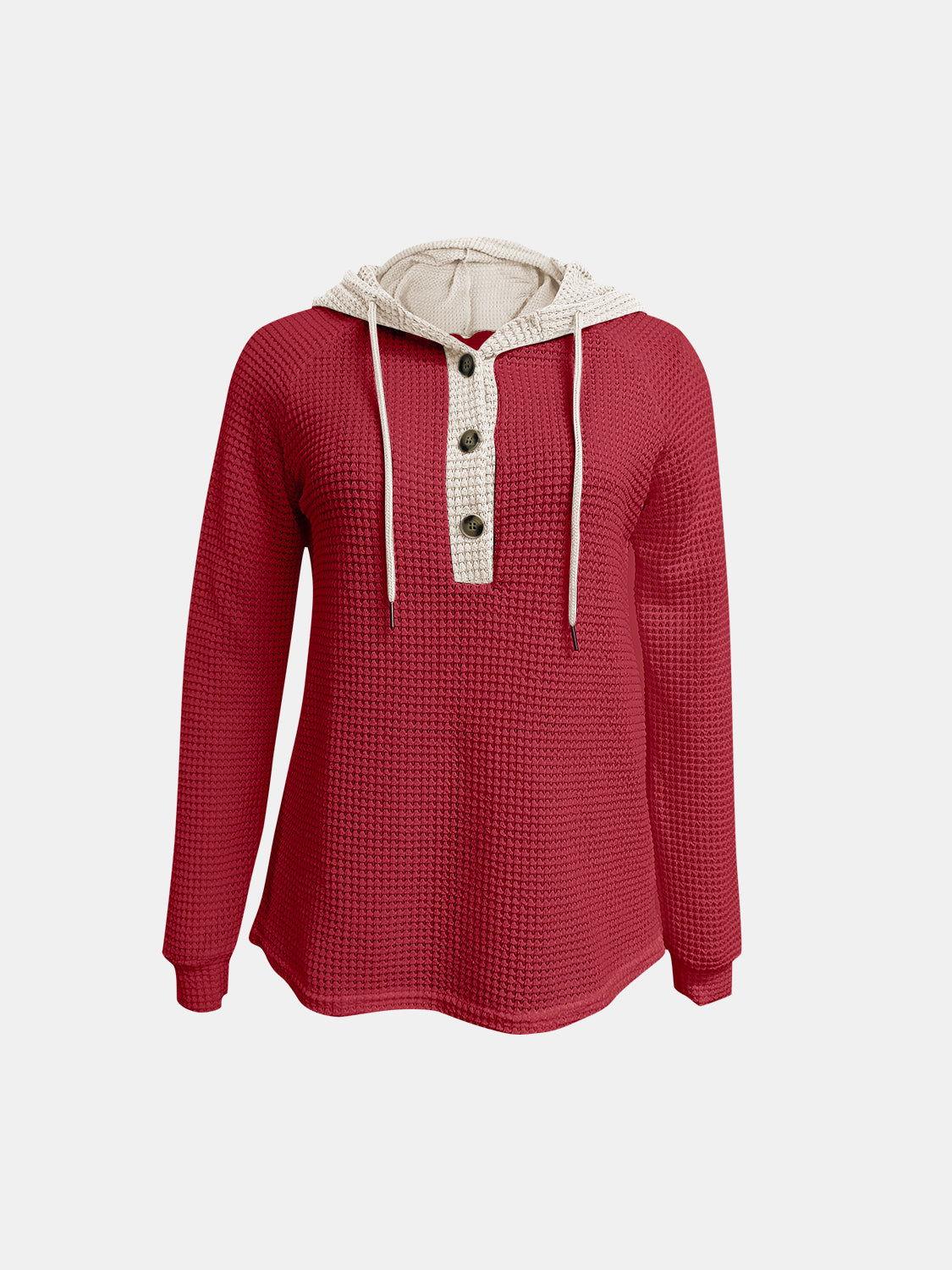 Full Size Waffle-Knit Contrast Long Sleeve Hoodie - Clothes For Her Online Store