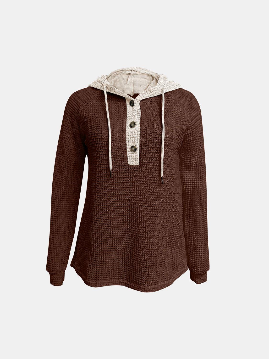 Full Size Waffle-Knit Contrast Long Sleeve Hoodie - Clothes For Her Online Store