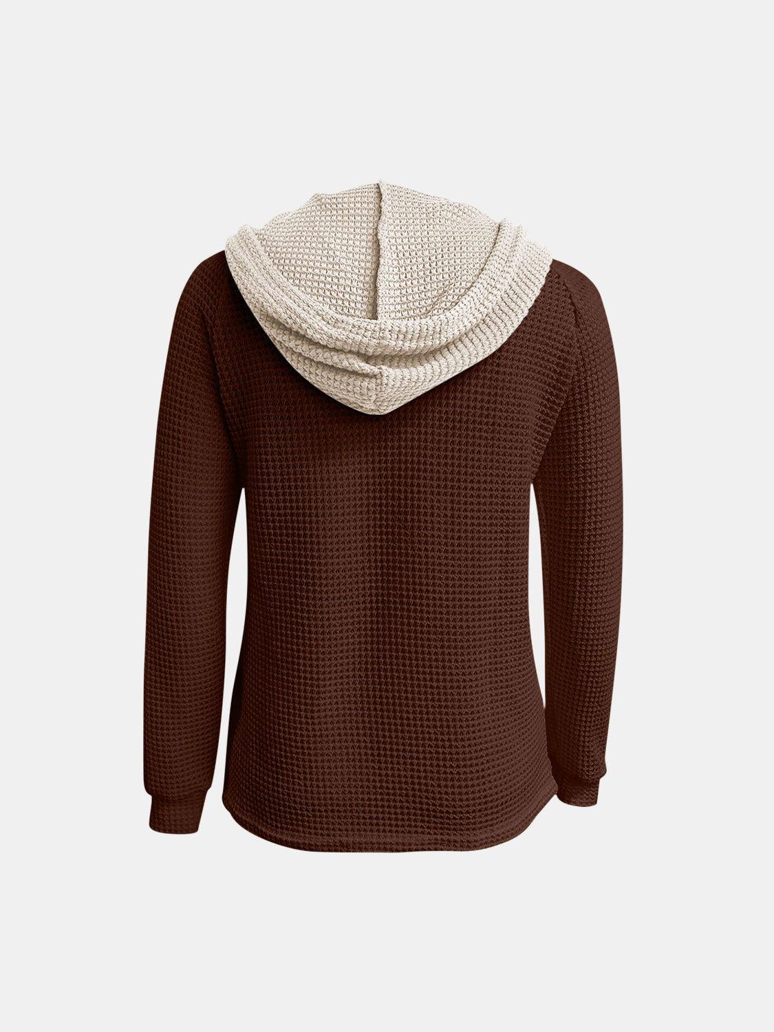 Full Size Waffle-Knit Contrast Long Sleeve Hoodie - Clothes For Her Online Store