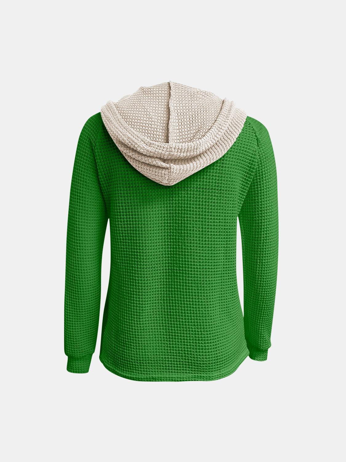 Full Size Waffle-Knit Contrast Long Sleeve Hoodie - Clothes For Her Online Store