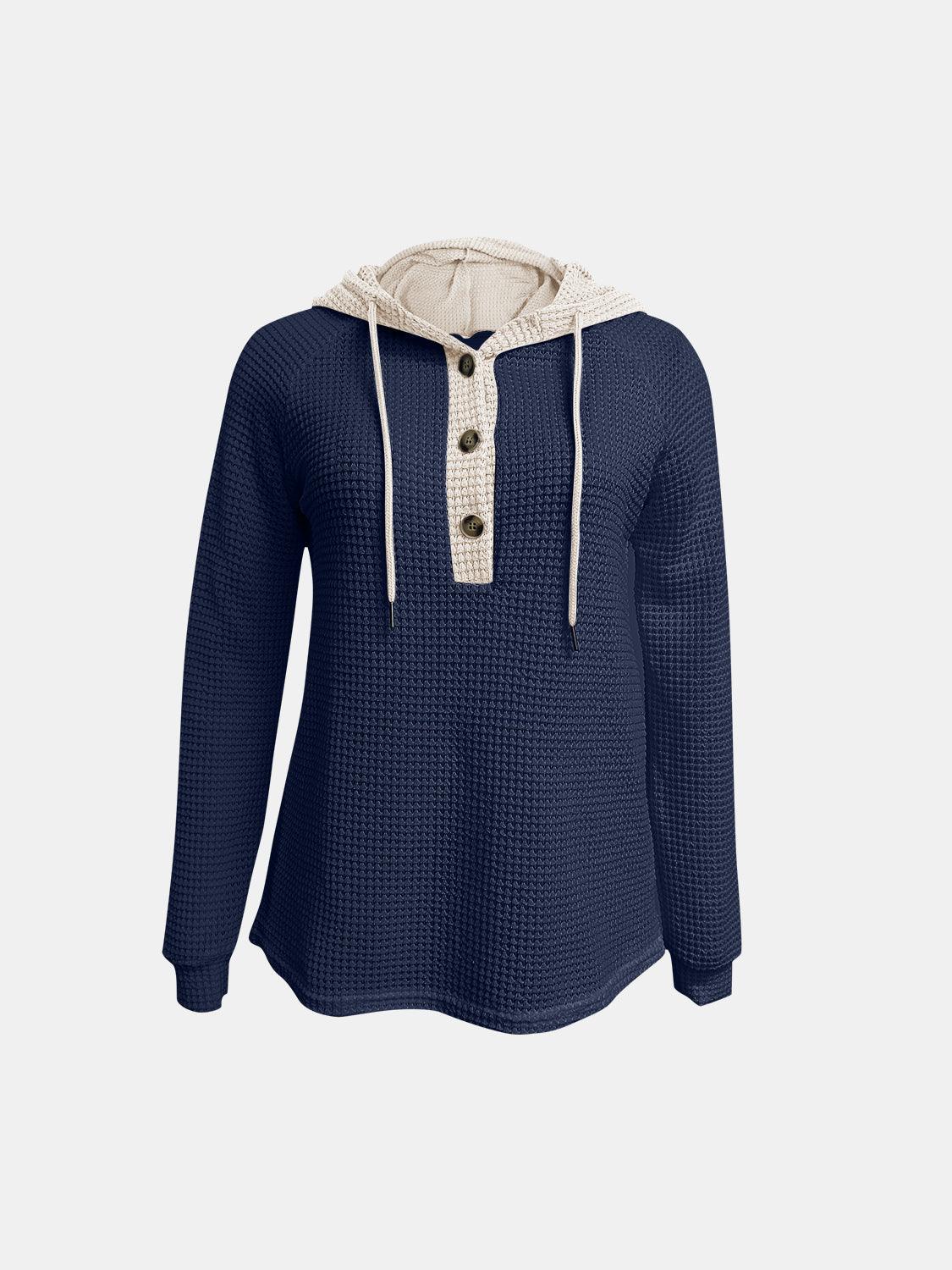 Full Size Waffle-Knit Contrast Long Sleeve Hoodie - Clothes For Her Online Store