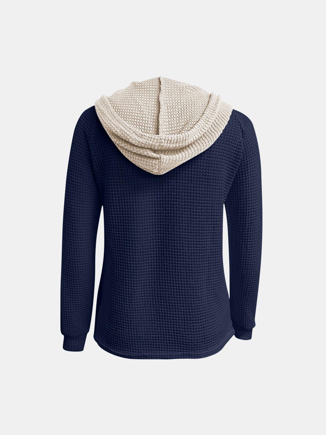 Full Size Waffle-Knit Contrast Long Sleeve Hoodie - Clothes For Her Online Store
