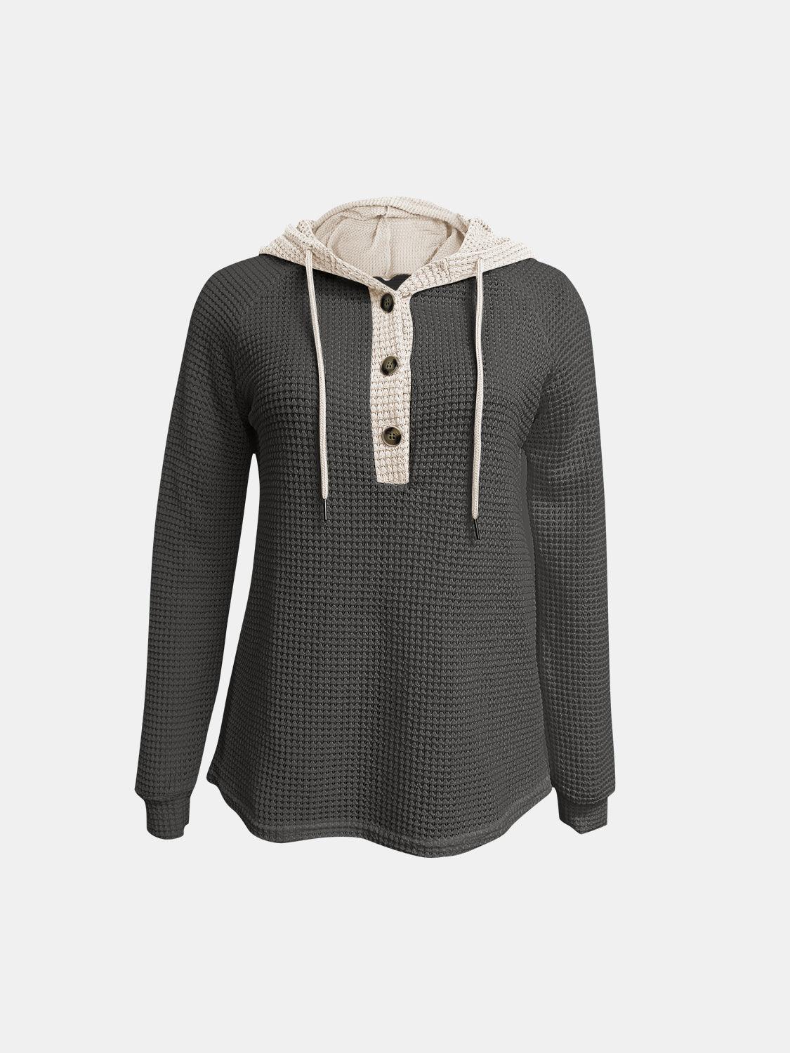 Full Size Waffle-Knit Contrast Long Sleeve Hoodie - Clothes For Her Online Store