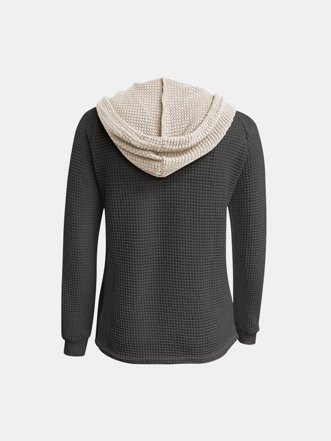 Full Size Waffle-Knit Contrast Long Sleeve Hoodie - Clothes For Her Online Store