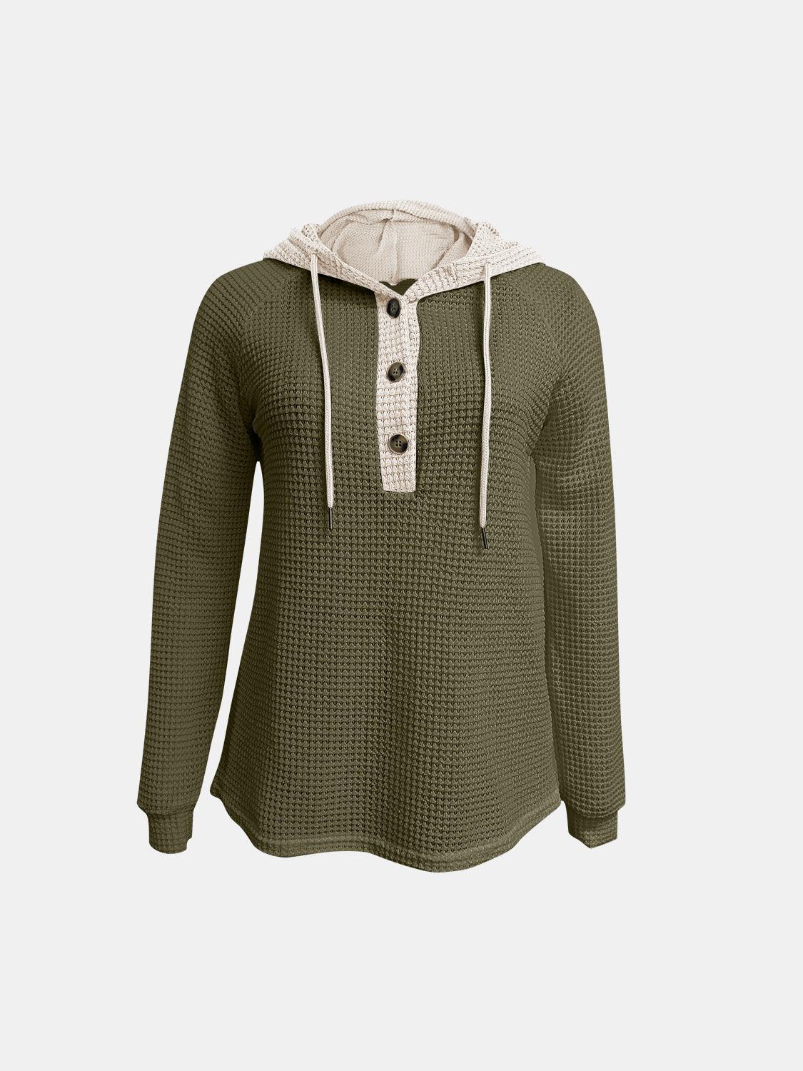 Full Size Waffle-Knit Contrast Long Sleeve Hoodie - Clothes For Her Online Store