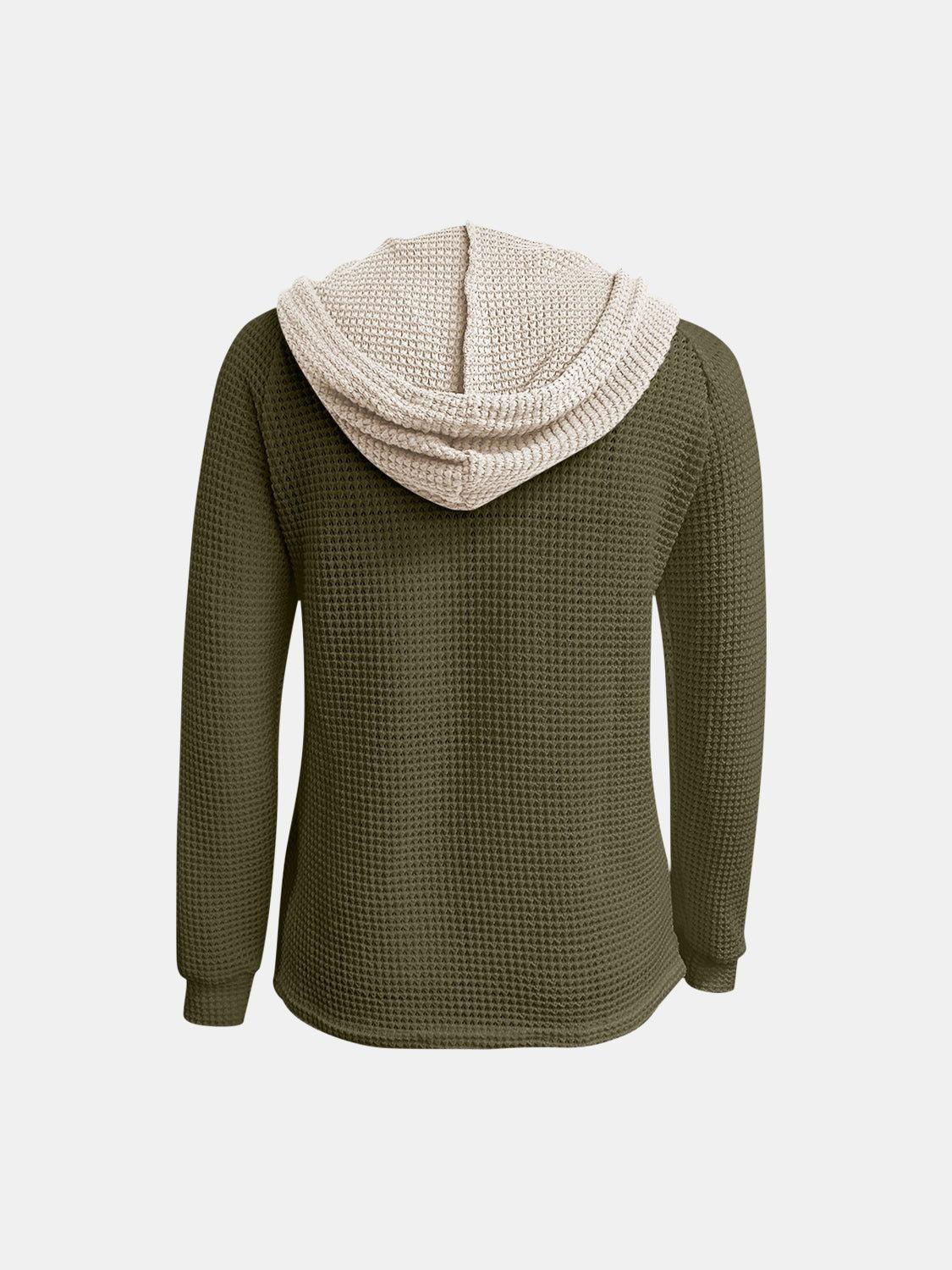 Full Size Waffle-Knit Contrast Long Sleeve Hoodie - Clothes For Her Online Store