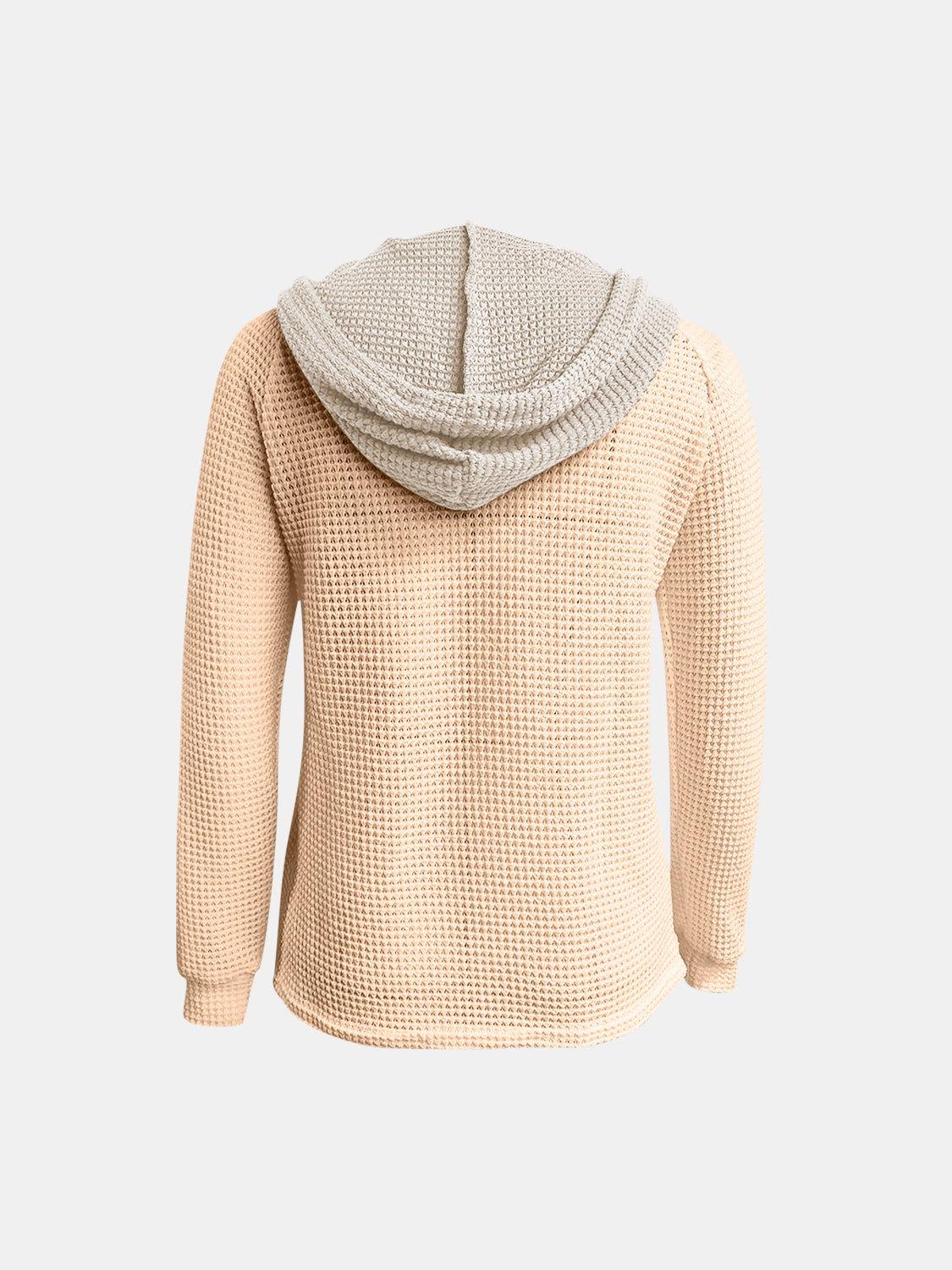 Full Size Waffle-Knit Contrast Long Sleeve Hoodie - Clothes For Her Online Store