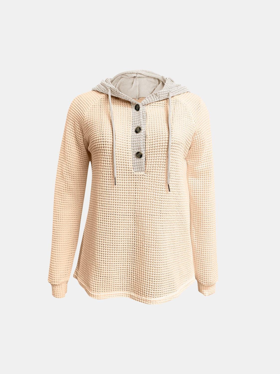 Full Size Waffle-Knit Contrast Long Sleeve Hoodie - Clothes For Her Online Store