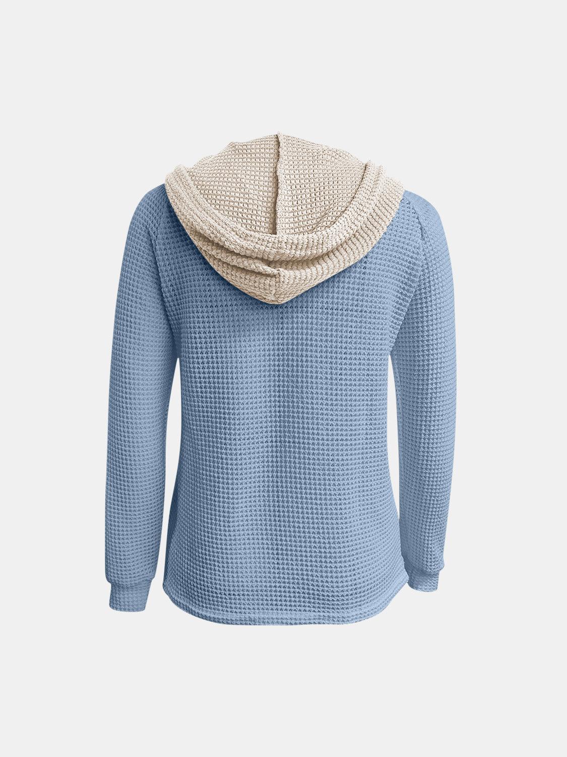 Full Size Waffle-Knit Contrast Long Sleeve Hoodie - Clothes For Her Online Store