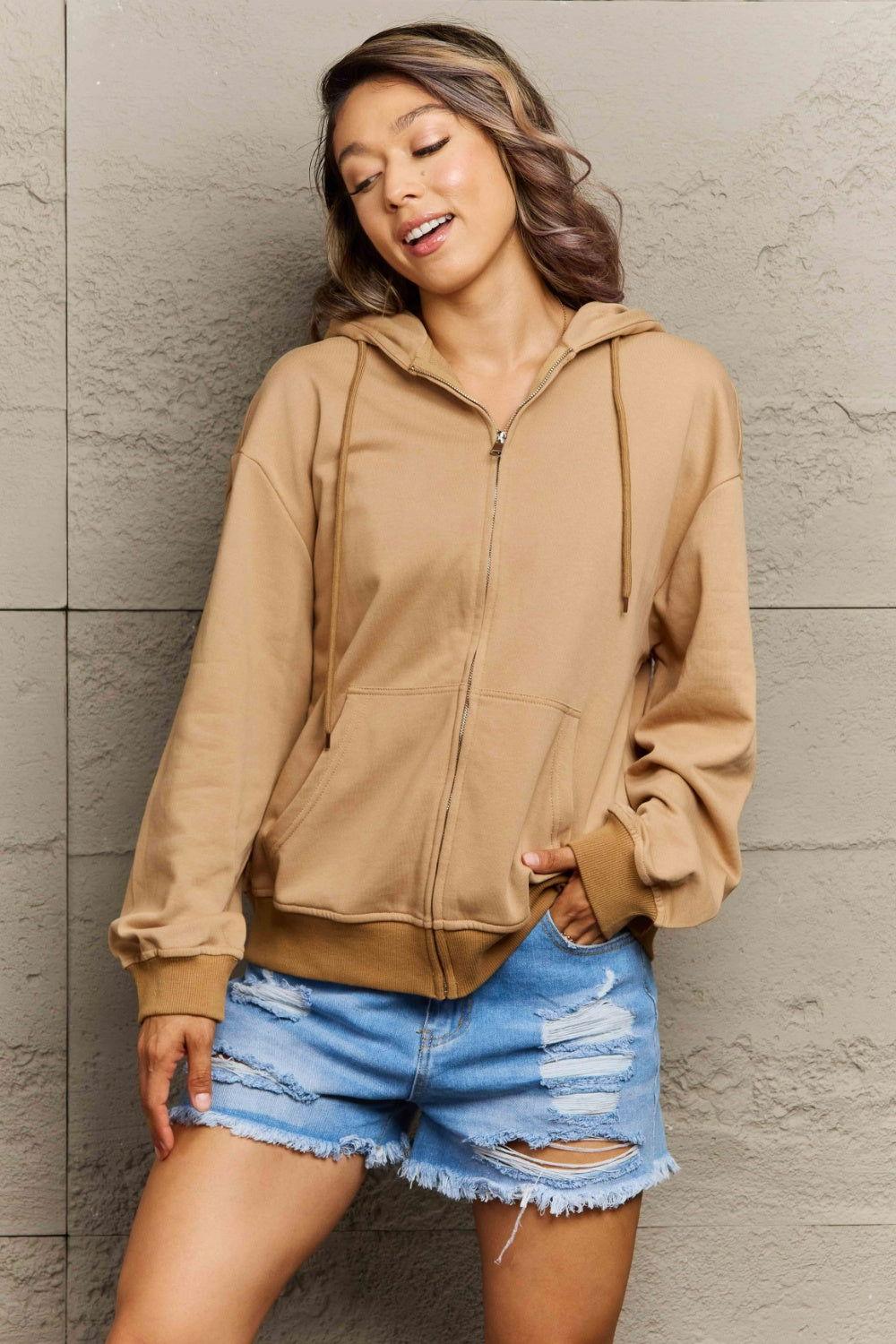 Full Size Zip Up Long Sleeve Hooded Jacket - Clothes For Her Online Store