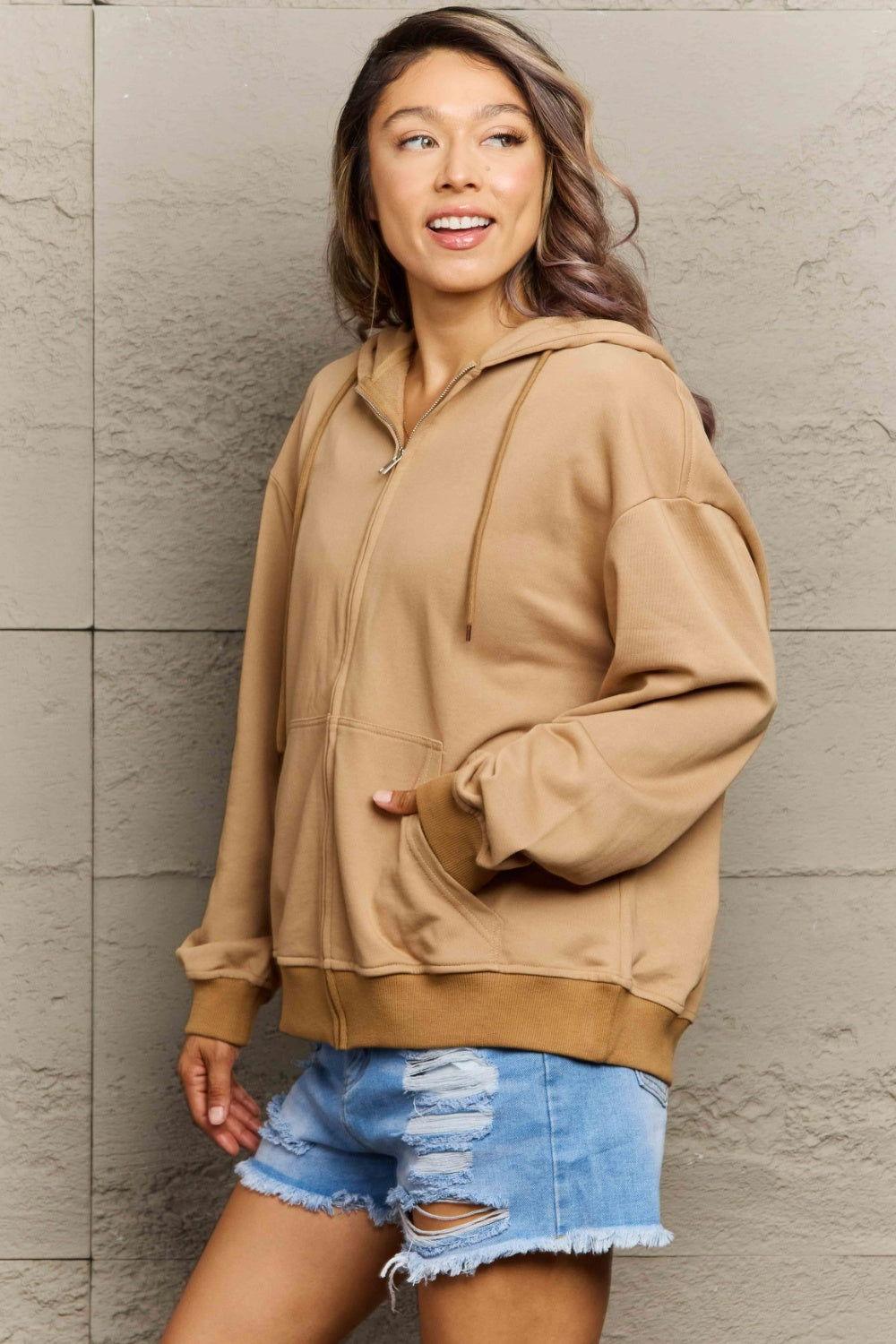 Full Size Zip Up Long Sleeve Hooded Jacket - Clothes For Her Online Store