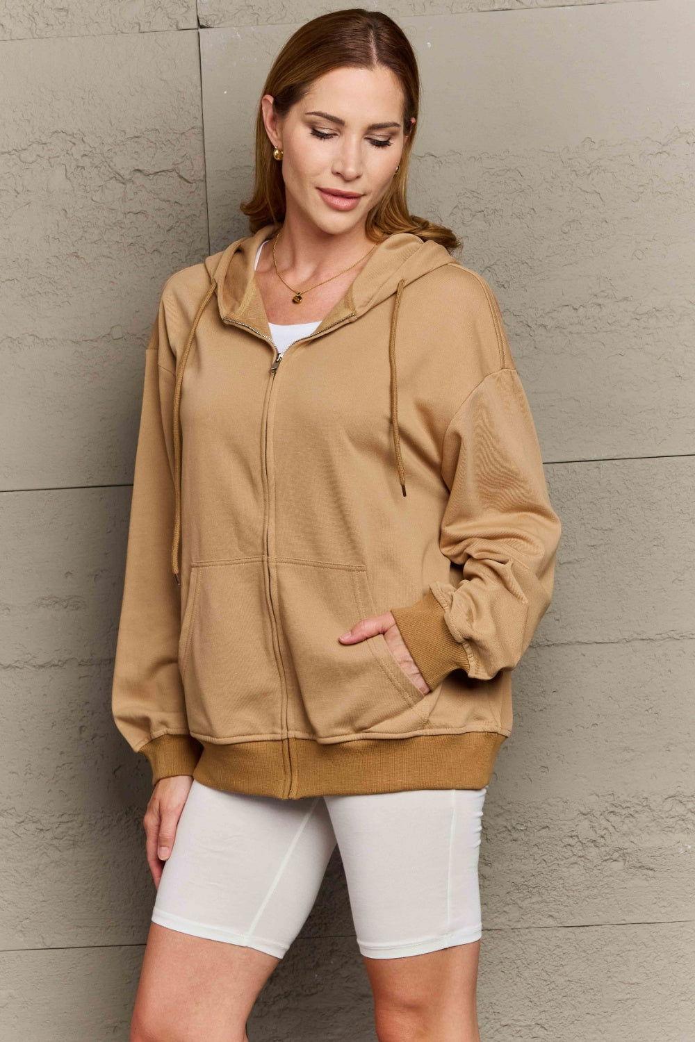 Full Size Zip Up Long Sleeve Hooded Jacket - Clothes For Her Online Store
