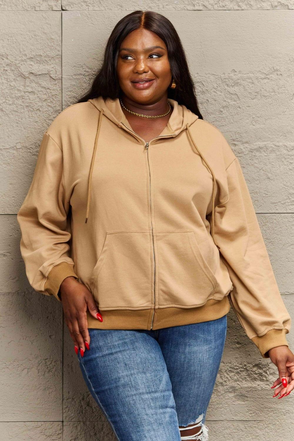 Full Size Zip Up Long Sleeve Hooded Jacket - Clothes For Her Online Store