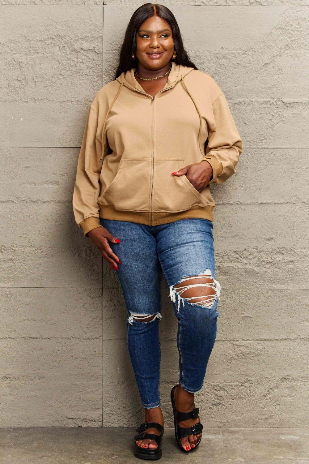 Full Size Zip Up Long Sleeve Hooded Jacket - Clothes For Her Online Store