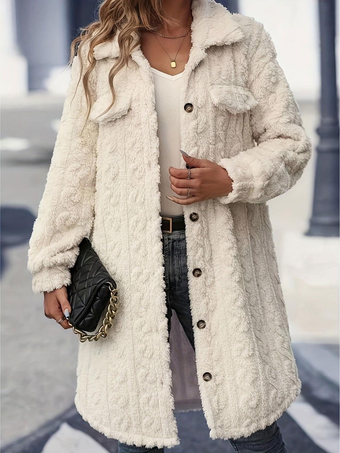 Fuzzy Button Up Long Sleeve Longline Coat - Clothes For Her Online Store